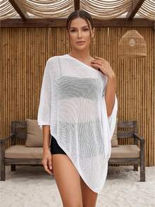 Blusa de Malla Negra para Mujer con Hombro Descubierto, Manga Murciélago y Holgada, Transparente para Uso Casual de Verano - Blanco - Ver 1