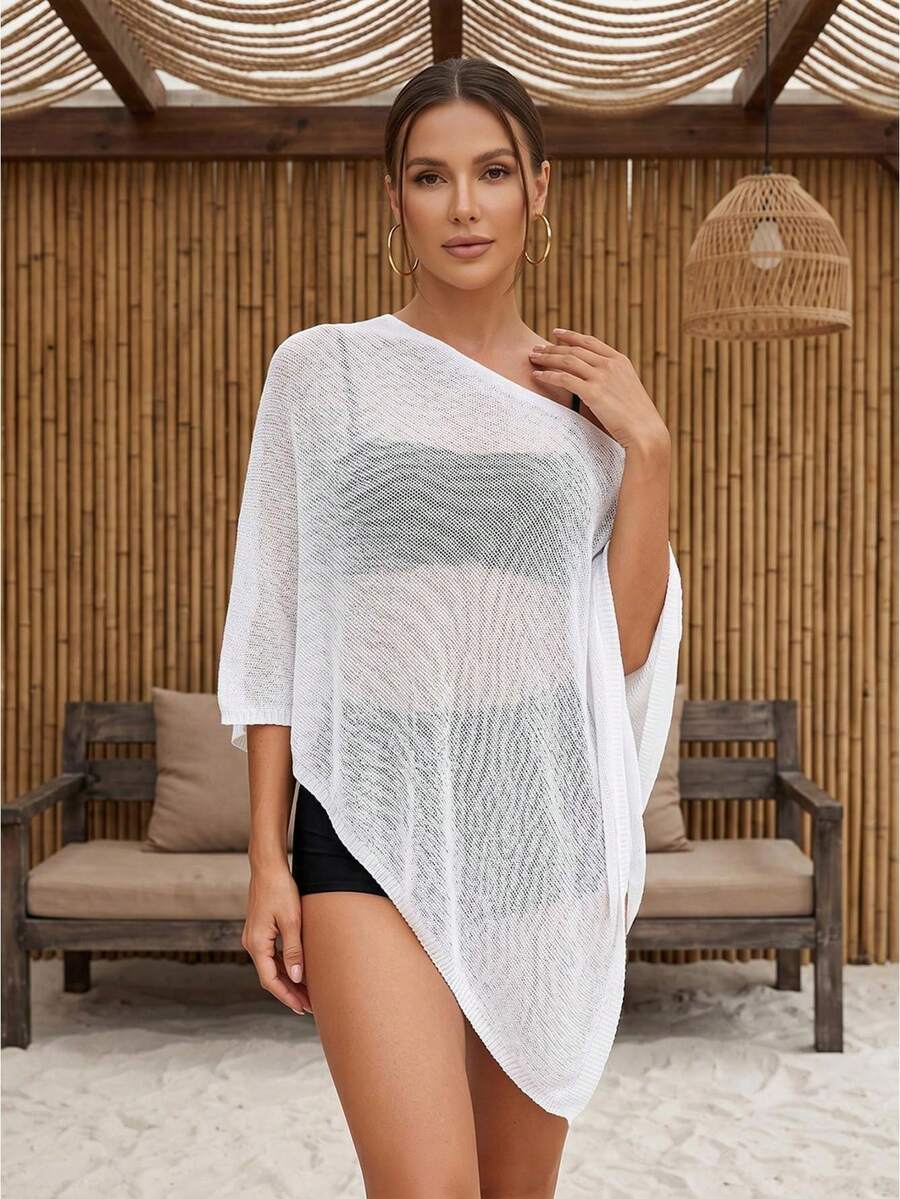Blusa de Malla Negra para Mujer con Hombro Descubierto, Manga Murciélago y Holgada, Transparente para Uso Casual de Verano - Blanco - Ver 1