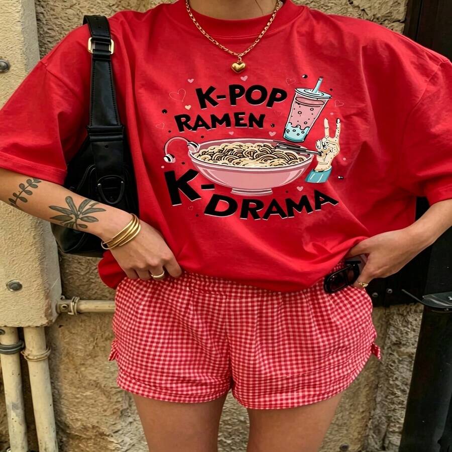 Cute Daily Casual Graphic T-Shirt 100% Cotton Oversized Soft Breathable Casual Crewneck Short Sleeve Top Aesthetic Daily Fashion Lovers Casual Wearers Basic Street Style Minimalist Vintage Gift Givers Holiday Gift - 紅色 - 查看 1