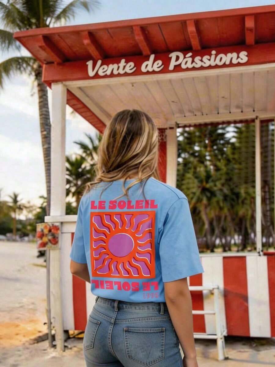 Camiseta gráfica para mujer DrmWander, estilo casual de manga corta, top lindo para el verano.Conjuntos de ropa festiva para mujer.Conjuntos cortos de dos piezas para el verano de mujer.Conjunto retro para mujer - Azul azur - Ver 1