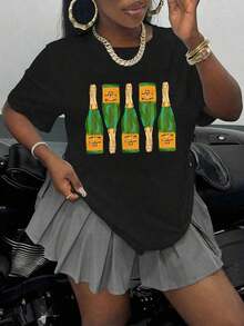 Champagne Graphic Print Summer T-Shirt, Short Sleeve, Round Neck, Casual Top For Women For Summer And Spring, Breathable And Comfortable Women's Clothing - 黑色 - 查看 11
