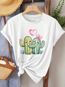 Women's Short-Sleeved T-Shirt, Elegant Style, With Heart And Cactus Print, Round Neck, Ideal For Spring, Summer, Autumn, Fashion, Daily Travel, Versatile, Casual, Elegant, Retro Style, Available In Sizes S-XXL - 白色的 - 查看 6