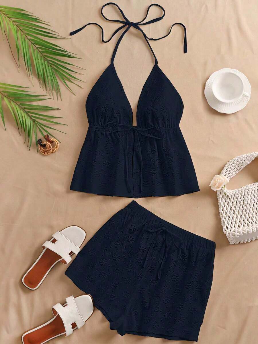 Set de 2 piezas de top halter y shorts de unicolor estilo jacquard para vacaciones - Azul marino - Ver 1