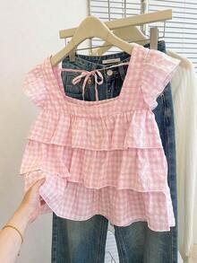 Blusa con volantes en el bajo nueva para otoño, estilo lindo para mujer - Rosa - Ver 9