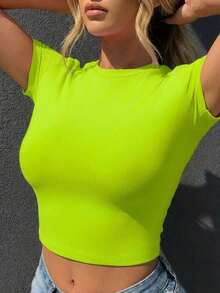 Camiseta de mujer de manga corta, cuello redondo, ajuste ceñido, estilo casual para primavera y verano, camiseta de mujer, top básico de mujer, top corto, top para exteriores en color blanco - verde fluorescente - Ver 5