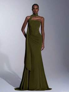 Vestido elegante de tela de gasa sin tirantes con forma de sirena, cintura baja, plisado lateral y drapeado (desmontable, multiusos) adecuado para citas, vacaciones, bodas, compras, uso diario, vestido de dama de honor - Verde militar - Ver 1