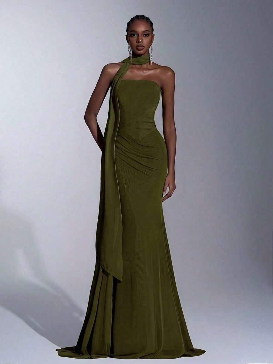 Vestido elegante de tela de gasa sin tirantes con forma de sirena, cintura baja, plisado lateral y drapeado (desmontable, multiusos) adecuado para citas, vacaciones, bodas, compras, uso diario, vestido de dama de honor - Verde militar - Ver 1