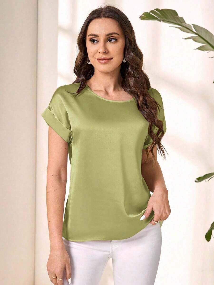 Blusa holgada, cómoda y de uso diario con cuello redondo, manga corta, unicolor, simple y de moda para mujer, top de verano - Verde - Ver 1