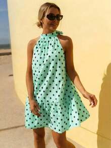 Vestido casual y elegante con cuello de corbata, hombros descubiertos y estampado de lunares en verde menta, adecuado para primavera/verano y fiestas.(El estilo es ligeramente holgado, se recomienda pedir una talla menos para un aspecto talla grande ajustado) - verde menta - Ver 1