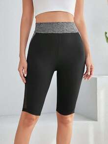 Pantalones cortos de ciclista de cintura alta con contraste de bloques de color y malla, casuales - Negro - Ver 3
