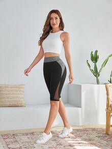 Pantalones cortos de ciclista de cintura alta con contraste de bloques de color y malla, casuales - Negro - Ver 5