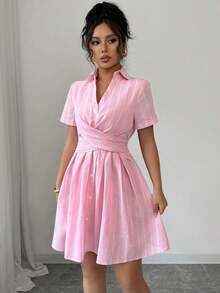 Vestido camisero de verano para mujer, de cuello en V, con mangas raglán, cruce y lazo en la cintura, a rayas en color rosa - Rosa - Ver 3