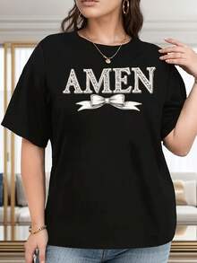 Camiseta de talla grande para mujer con diseño de "AMEN" en pedrería y lazo - Top casual brillante de cuello redondo, confeccionado en tela suave y transpirable, lavable a máquina para comodidad durante todo el año, ideal para eventos religiosos, uso diario y conjuntos de vacaciones (negro con letras doradas). Top cómodo y versátil de manga corta. - Blanco - Ver 7