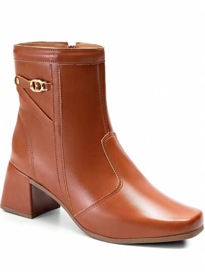  Bota Feminina Lumiss Salto Bloco Baixo Confortável Cano Curto Detalhe Lateral Metalizado Blogueira Inverno Elegante