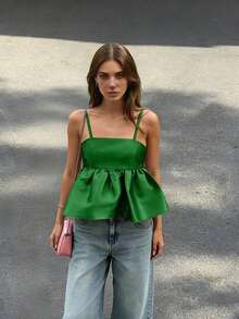 2026 Primavera/Verano Elegante Parte Superior de Tirantes Finos con Cuello Cuadrado y Espalda Descubierta en Color Rosa con Volantes en el Bajo y Conjunto Morado, Ropa de Vacaciones para Mujer, Estilo Callejero, Atuendo de Cumpleaños, Ropa de Crucero, Vestimenta de Vacaciones, Conjunto de Mujer, Ropa de Verano, Moda Primaveral, Atuendo de Concierto - Verde - Ver 6