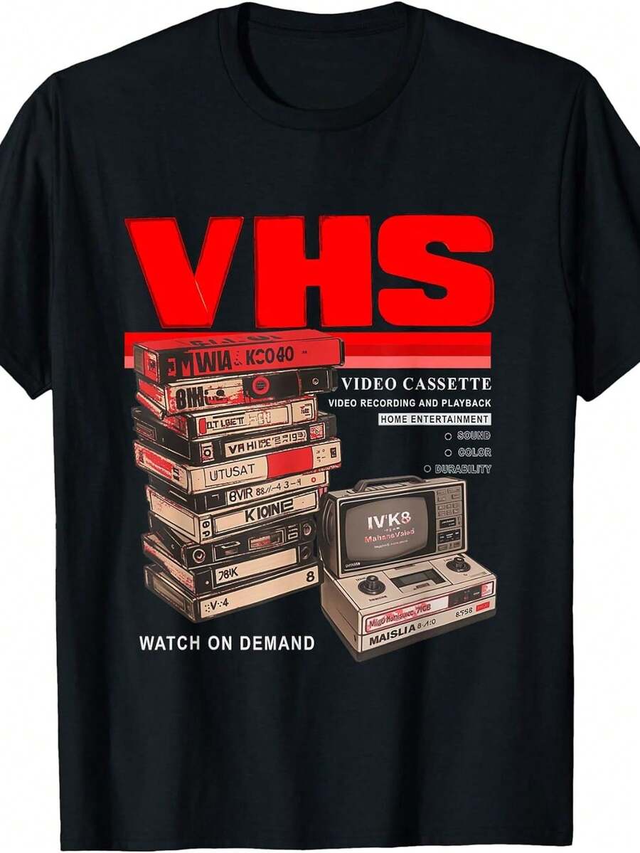 Unisex T-Shirt With Round Neck And "Red VHS And Chill" Graphic Print For Men And Women, Modern Design, Heat Transfer Printing, Casual And Comfortable Wear All Year Round, For Fashion Lovers And Relaxed Weekends. - 黑色 - 查看 1