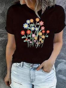 1 pieza de Playera corta 100% algodón, cuello redondo casual con estampado, florales desenfadadas, manga corta transpirable para uso diario - Negro - Ver 1