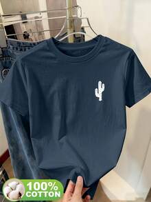 Easy-To-Wear, Minimalist, And Stylish Short-Sleeved T-Shirt With A Round Neck And Cactus Silhouette Print. Modern And Breathable, Ideal For Everyday Outings, Going To Campus, Picnics, And More. Can Be Worn Alone Or Layered With Outerwear. - Dark Blue - 查看 4