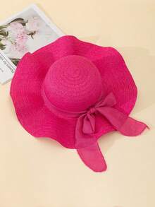 1件中性幼童亞麻緞帶蝴蝶結裝飾甜美簡約桃紅色波浪草帽，適合日常防曬、戶外海邊度假遮陽 - 玫紅色 - 查看 8