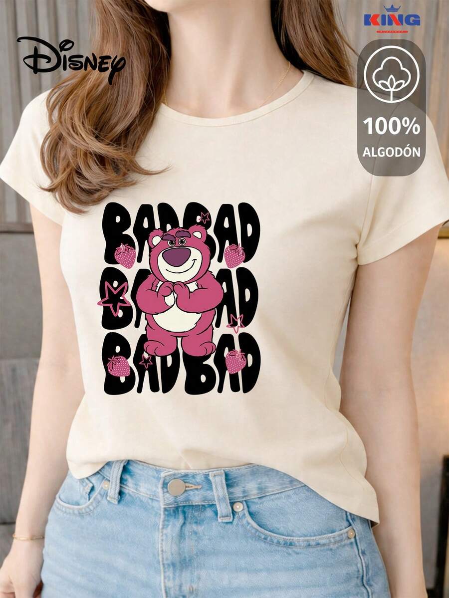 This High-Quality 100% Cotton T-Shirt Guarantees Exceptional Softness To The Touch, A Round Neck With A "Disney Bad Bear" Print, And Short Sleeves. - 米色 - 查看 1