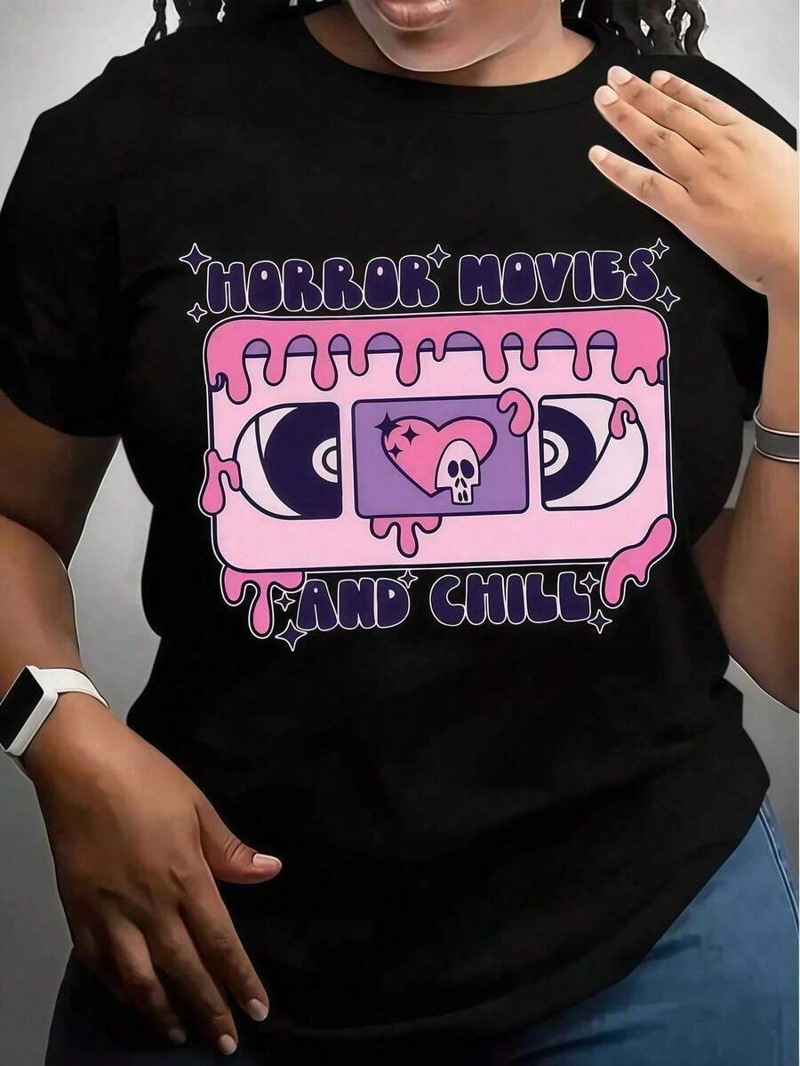 Vintage Women's Graphic T-Shirt With Horrories & Hand Chilli V-Neck - Casual Black Short Sleeve Top With Pink Drop Design, Loose Micro-Stretch Fabric, Machine Washable, Summer Essentials, Summer Outfits For Women, Graphic Tees - 黑色 - 查看 1