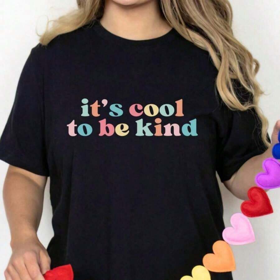 "It's Great To Be Kind" Graphic T-Shirt, "Pastel Kindness" T-Shirt, Teacher T-Shirt, Teacher Gift, Kindness Gift, Cute And Kind T-Shirt, Gift For Her, 100% Cotton - 黑色 - 查看 1