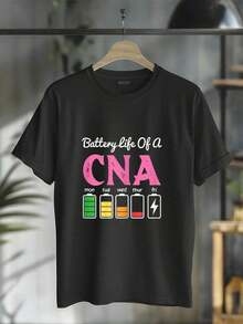 Funny T-Shirt With The Phrase "A Nurse's Battery Life Is Great", Short Sleeve Crew Neck T-Shirt For Men And Women, Pure Cotton Graphic T-Shirt - 黑色 - 查看 5