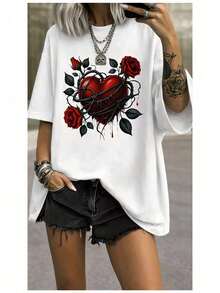 Women's Casual Clothing, Women's T-Shirt, Casual Short Sleeve Round Neck Top, Medium Elasticity Fabric, Washable, Comfortable Fit For All Seasons, Women's T-Shirt, Unique Design T-Shirt, Comfortable Fit, Minimalist Style, Sweatshirt, Modern And Cool T-Shirt. - 白色 - 查看 1