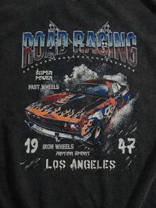 Camiseta de manga corta casual de verano para hombres con estampado gráfico de letras y autos, para amigos - Gris Oscuro - Ver 2