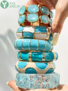 1 pieza Brazalete personalizado de mujer de la serie azul, con diseño asimétrico redondo y asimétrico transparente holográfico, adecuado para uso diario, bodas y fiestas - Multicolor A - Ver 11