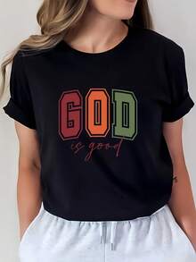 Camiseta "Dios es Bueno y Fiel" - Camiseta cómoda y elegante con diseño estampado, adecuada para reuniones familiares, eventos corporativos y celebraciones de Pascua y el 4 de julio. Camiseta de manga corta cómoda y versátil. - Negro - Ver 7