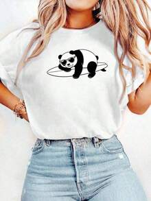 Minimalist Short-Sleeved Women's T-Shirt, Made Of Pure Cotton With A Graphic Print, Featuring A Round Neck. Soft, Breathable, And Versatile, It's Perfect For Everyday Wear-A Must-Have For Fashionable Women! High-Quality, Loose-Fitting, Solid-Color T-Shirt For Women - 白色的 - 查看 7