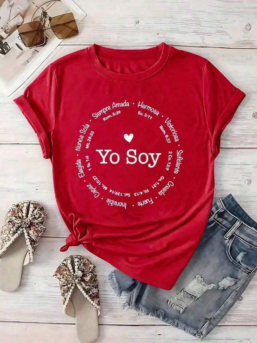 Short-Sleeve Round Neck White T-Shirt With "I Am" Bible Verses, Christian Affirmation T-Shirt In Spanish, Loose-Fitting Religious And Faith Blouse, Christian Gift Top For Women, Casual Blouses For Women, 100% Cotton. - 紅色的 - 查看 1