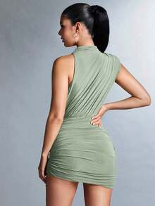 Vestido elegante para mujer con cuello de solapa y recortes en los hombros con pliegues - verde menta - Ver 2