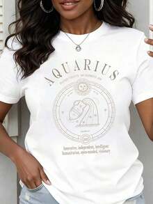 Women's Casual Loose Fit T-Shirt With Aquarius Zodiac Sign Print, Astrological Design With The Planet Uranus And The Element Of Air, Text: Innovative, Independent, Intelligent, Humanitarian, Open-Minded And Visionary For Daily Use And Spirituality Lovers. - 白色 - 查看 1