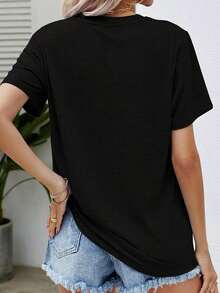 Casual T-Shirt With Glasses, Ghosts And Chemical Elements Print, Short Sleeve, Round Neck, Casual Top For Summer And Spring, Women's Clothing, 100% Cotton, Durable - 黑色 - 查看 2