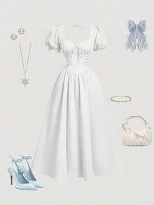 MOD Vestido elegante de longitud media con mangas cortas de pétalos y lazo delantero de unicolor para mujer - Blanco - Ver 4
