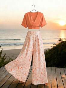 Set de 2 piezas de Blusa de mujer de cuello en V de manga corta con botones y pantalones de cintura alta y pierna ancha para verano - Negro - Ver 8