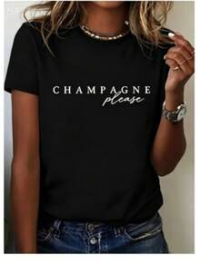 Camiseta de manga corta de puro algodón, estampada con las palabras "Champagne please", irradia elegancia francesa y un toque de sofisticación. Combinado con jeans y mocasines, puede crear un ambiente elegante y francés. Camiseta blanca sencilla. - Negro - Ver 7