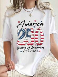 Casual T-Shirt America 250 Years Of Freedom 1776-2026 US Flag Design Independence Day Celebration Patriotic Clothing For Fourth Of July Parties And National Holidays Women's T-Shirts - 白色 - 查看 2