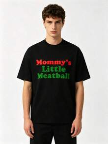 1 Piece Pure Cotton T-Shirt 180g With "Mommy's Little Meatball" Print, Casual Print, Comfortable And Versatile, Letter Pattern Printed T-Shirt, Summer Tops, Summer Clothes, Shirts, Spring Sets For Women, Summer Graphic T-Shirts, Women's T-Shirts, 180g 100% Cotton. - 黑色 - 查看 2
