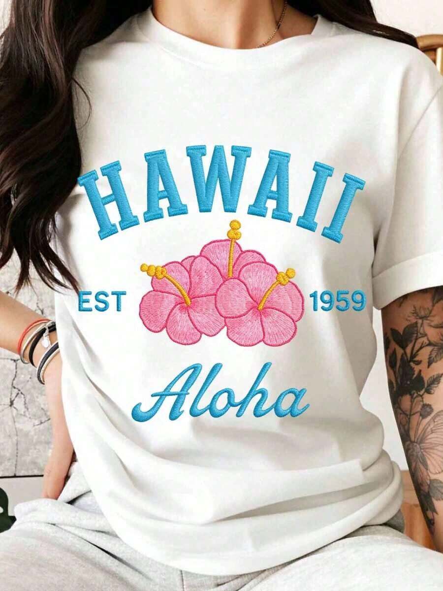 Women's T-Shirt With Hawaiian Aloha Flower Print Est. 1959, Hawaiian Style, For Summer Beach Vacation, 100% Pure Cotton - 白色 - 查看 1