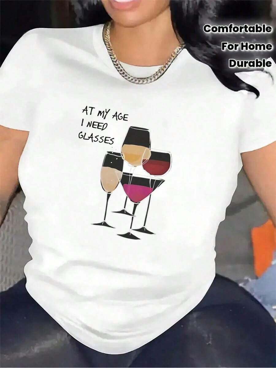 Modern And Minimalist Summer Clothes For Women, Short Sleeve T-Shirt For Women On | Fiber, Funny Wine Glass Print "At My Age I Need Glasses", Casual Clothes For Home, Restaurant, Lightweight And Stylish, Medium Weight Fabric, Mature Style, Protective Phone Case With Graphic Design, Casual For Everyday Wear - 白色 - 查看 1