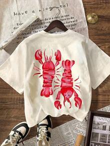 Loose-Fitting Short-Sleeved T-Shirt With Round Neck And Dropped Shoulders, Lobster Print, For Plus Size Women, Casual Summer Style And Beach Vacation. - Nude - View 2