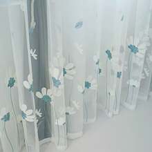 1片裝經典北歐風刺繡大波斯菊透視窗簾，穿桿設計方便懸掛，適用於客廳、臥室及各種房型 - 淺藍色 - 查看 8