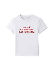 Red Letter Print Sports T-Shirt, Slim Fit Cropped White Short Sleeve Top For Women, Summer Casual - White - View 10