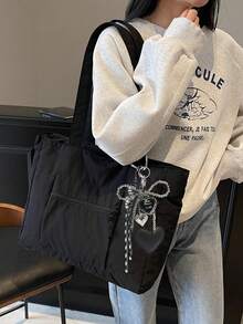 Simple Solid Color New Popular Quilted Tote Bag In Spring And Summer, Lightweight, Practical And Large Capacity With Body Patch Pockets, Shoulder Bag, Zipper Switch, Double Shoulder Straps, High-Value Armpit Bag, Suitable For Commuting To Work, School, Class, Shopping And Storage - Black - View 4