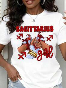 Women's Round Neck T-Shirt With Sagittarius Zodiac Sign Print, Girl With Red Sneakers And Arrows, Short Sleeve, Casual Summer Top For Daily Wear, Casual Blouses For Ladies. - 白色 - 查看 1