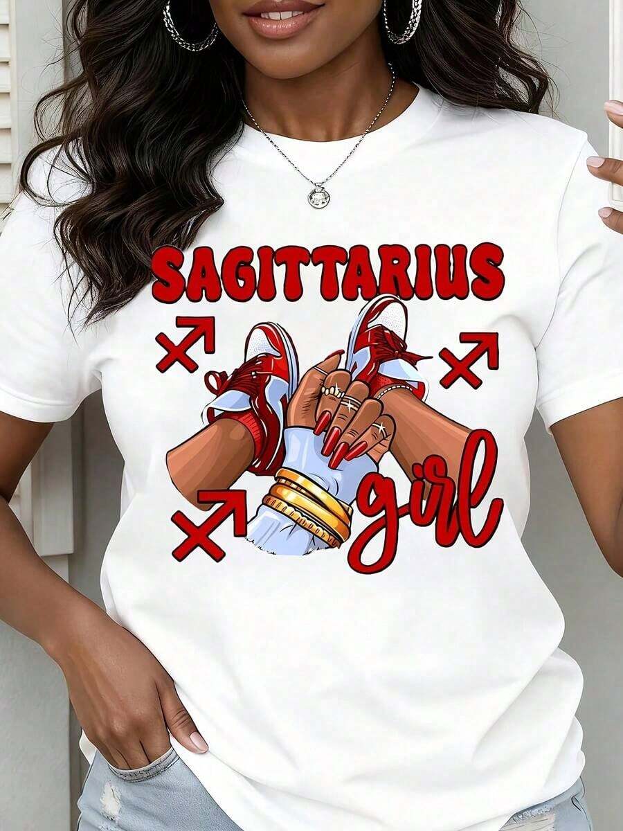Women's Round Neck T-Shirt With Sagittarius Zodiac Sign Print, Girl With Red Sneakers And Arrows, Short Sleeve, Casual Summer Top For Daily Wear, Casual Blouses For Ladies. - 白色 - 查看 1