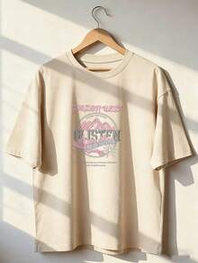 Pink Mountain T-Shirt With "GOLDEN WEST" Text,  Short-Sleeved T-Shirt For Spring And Summer 2026, Made In Mexico, 180 Grams. Cartoon Print, Couple Design, Suitable For Indoor Or Outdoor Wear. Crew Neck, Unisex, Ideal For Office And Leisure. One-Pack. - APR-P631577SLNDXZGY646 - 查看 1